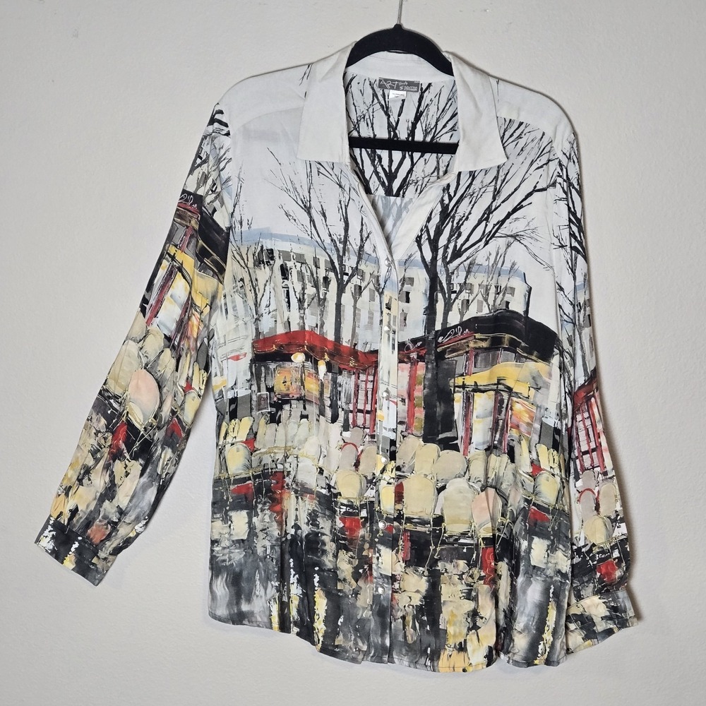 SIMPLY ART BY DOLCEZZA Watercolor Print Button Up Blouse Shirt Top Size XL Artsy